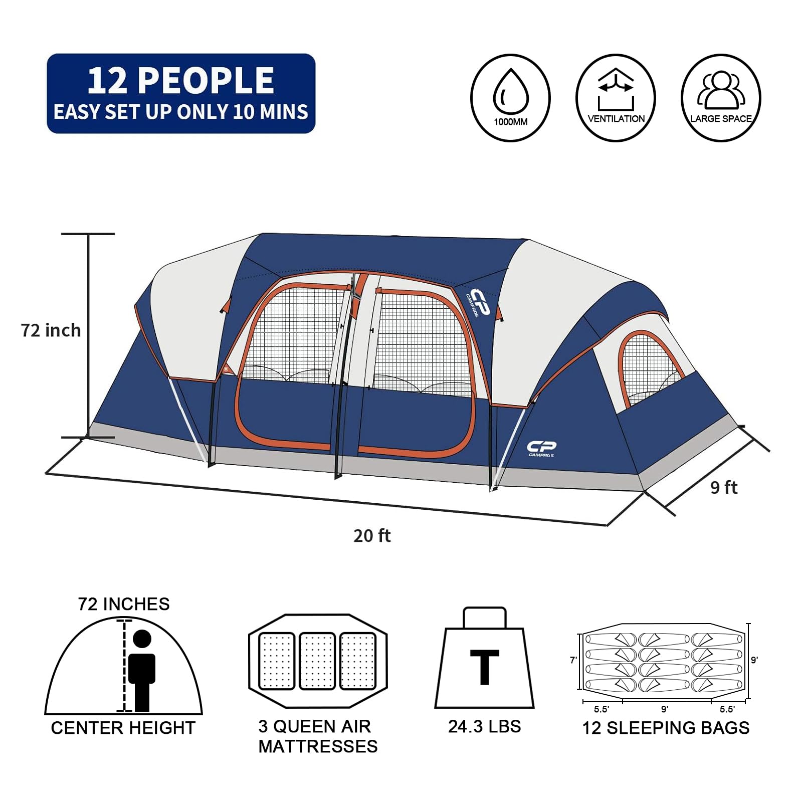 12 Person Camping Tent | 3 Rooms