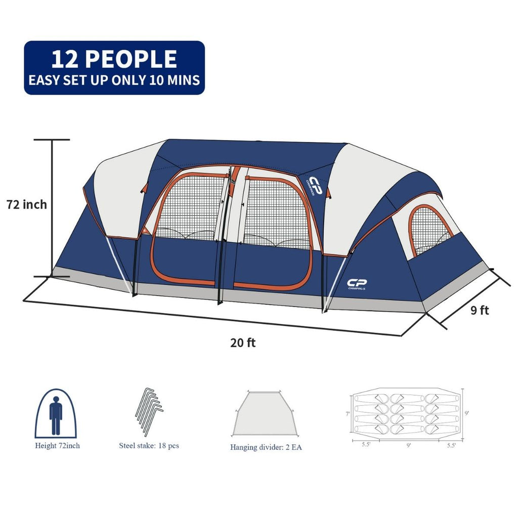 CAMPROS 12 Person Family Camping Tent (3 Rooms)-Camping Tents-Campros Tent