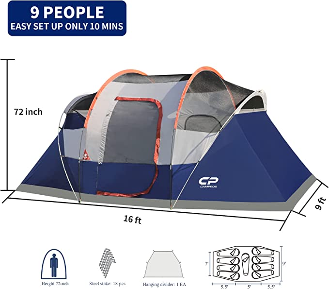 CAMPROS Family Camping 9 Person Tent (2 Rooms)